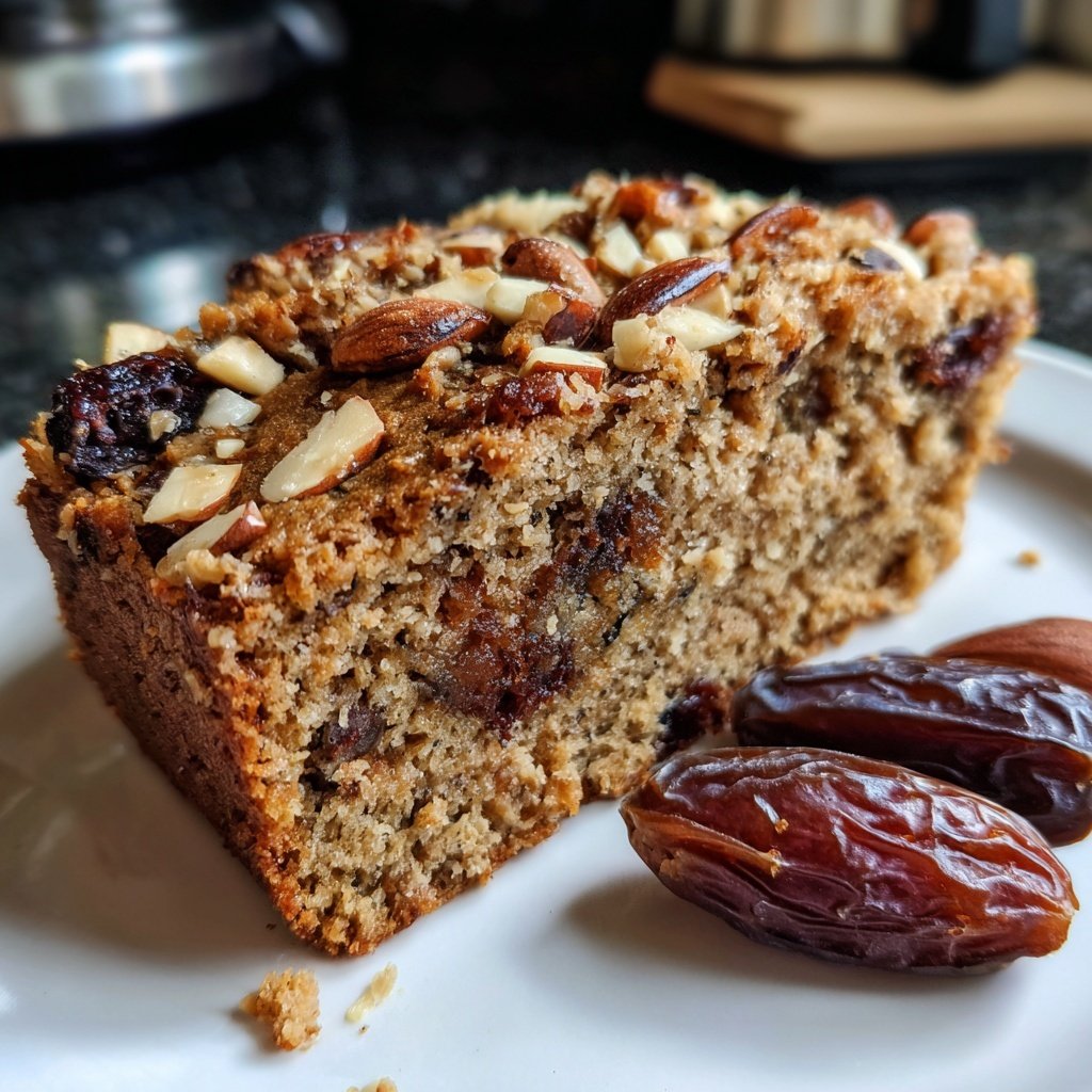 Bananenbrot mit Mandelmus und Datteln