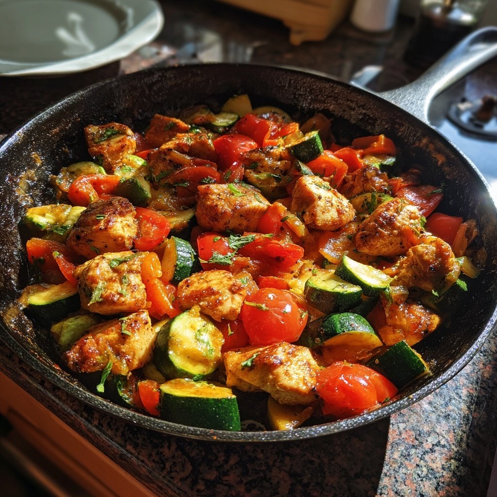 Kalorienarme Hähnchenpfanne Mit Zucchini Und Tomaten