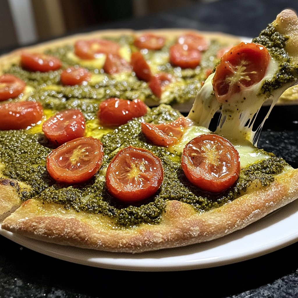Pizza mit Pesto und Kirschtomaten