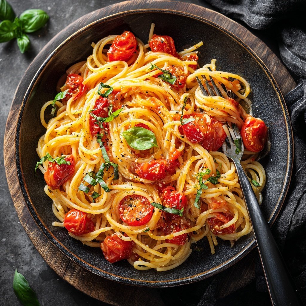 Spaghetti mit Tomaten und Basilikum