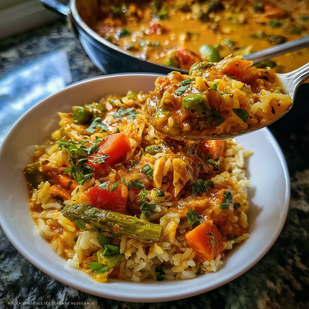Mittagessen mit Gemüsepfanne und Reis